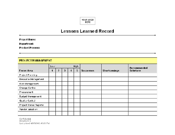 Lessons Learned Templates Project Management
